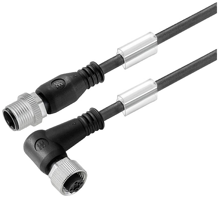 Schwarzes Verbindungskabel mit zwei Steckverbindern, einem geraden und einem rechtwinkligen, jeweils mit silbernen Verschraubungen.