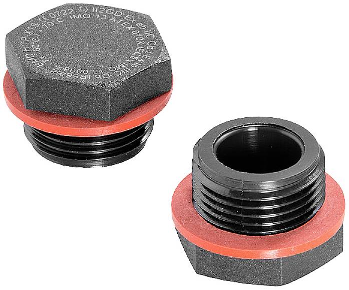 Zwei schwarze, sechseckige Schrauben mit rötlichen Dichtungen. Sie dienen zur Versiegelung oder Verbindung in mechanischen Anwendungen.