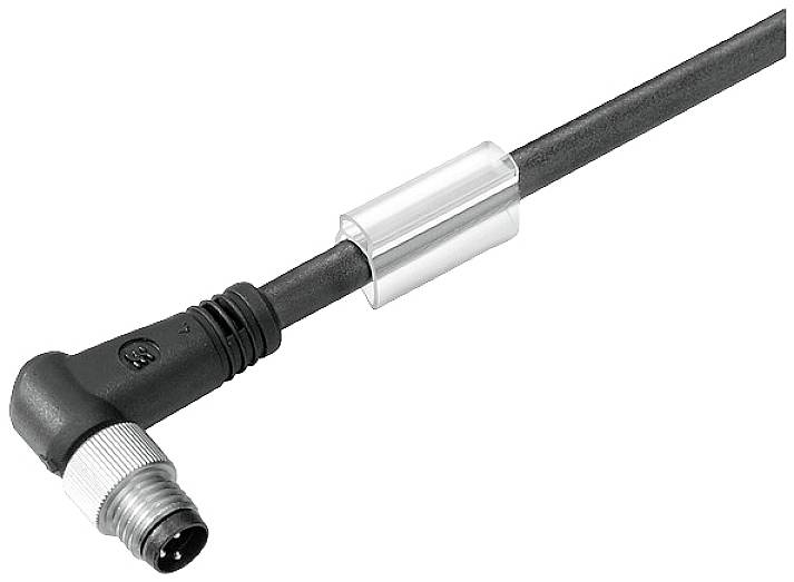Ein schwarzes Kabel mit rechtem Winkel und Metallstecker, isoliert durch einen durchsichtigen Kunststoffzylinder.