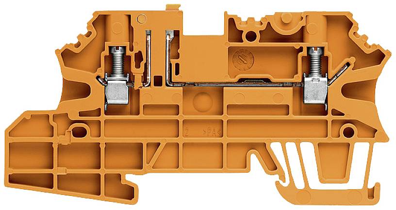 Orange Klemmbaustein mit Metallkontakten und mehreren Anschlussmöglichkeiten.