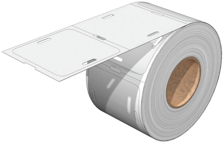 Rolle mit weißen, vorgestanzten Etiketten, teilweise abgerollt.