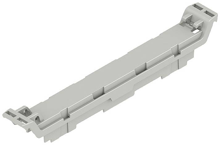 Ein graues, längliches Kunststoffteil mit Clips an den Enden, vermutlich ein Verbindungselement oder Halterung für ein technisches Gerät.