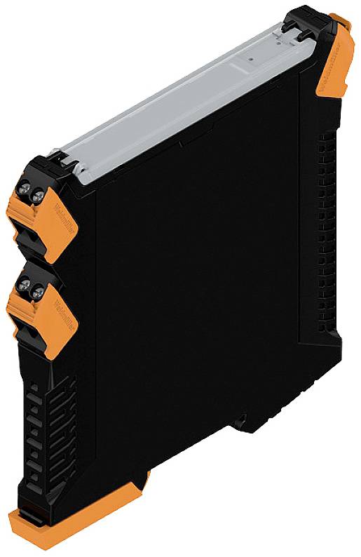 Schwarzes und oranges elektronisches Modul, schlankes Design. Wird verwendet für Industrieanwendungen in der Automatisierungstechnik.