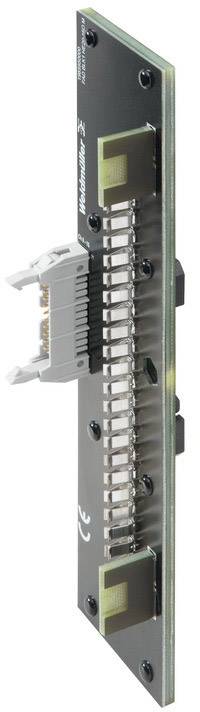 Elektronische Schaltungskarte mit mehreren Kontaktreihen und einem zentralen Steckverbinder.