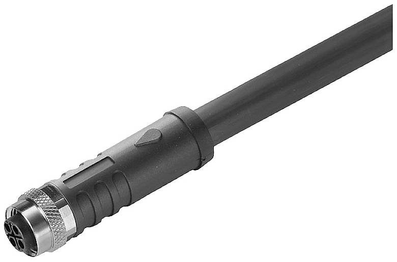 Ein schwarzer, zylindrischer Steckverbinder mit Metallring und mehreren Steckplätzen am Ende eines Kabels.