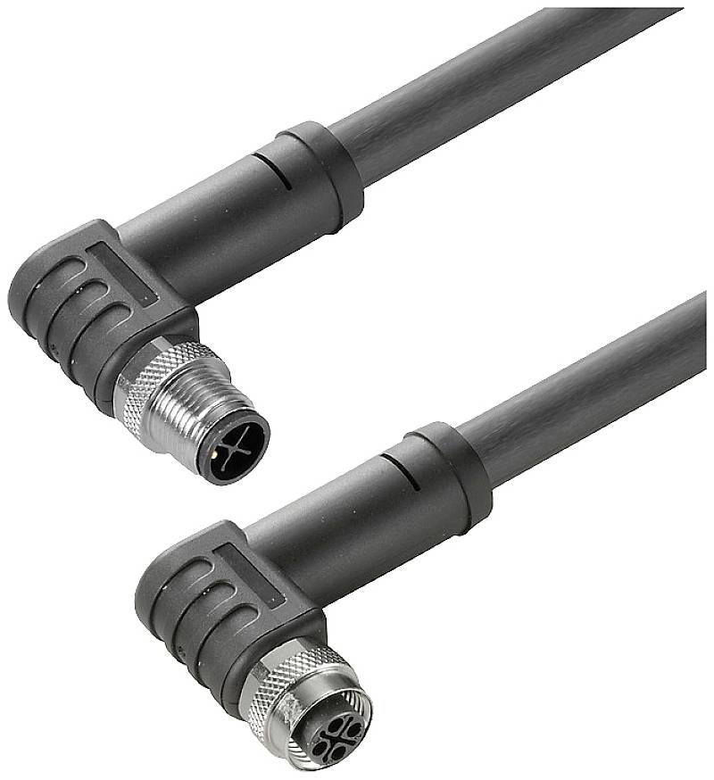 Zwei schwarze M8-Stecker mit rechtwinkliger Form und Metallverschluss an einem Kabel. Geeignet für industrielle Anwendungen.
