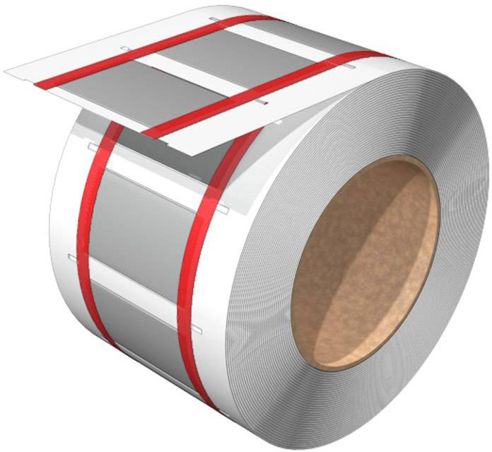 Eine große Rolle verzinkten Stahlbands, das mit roten Bändern gesichert ist. Oben links ist ein abgeschnittener Abschnitt sichtbar.
