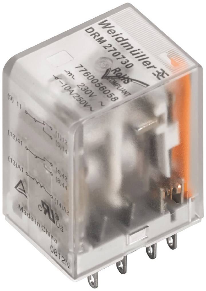 Ein transparentes Relais von Weidmüller mit Modellnummer DRM270730, zeigt interne Schaltungen und Pins. Hergestellt in China.