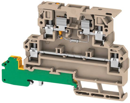 Ein grauer, mehrschichtiger elektrischer Anschlussblock mit grünem und gelbem Element, geeignet für industrielle Anwendungen.