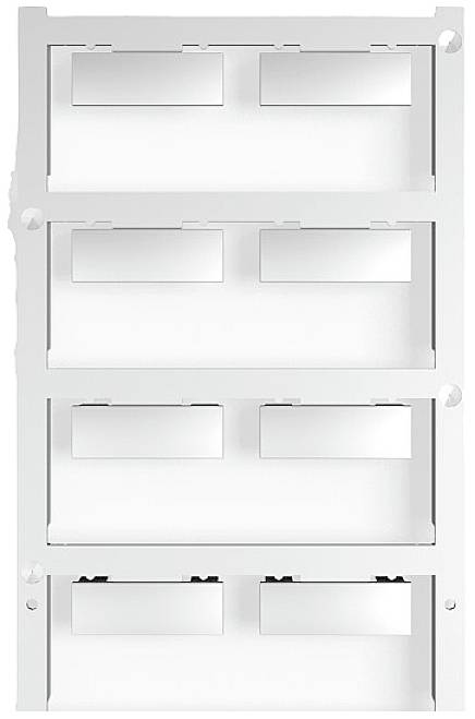 Ein leerer weißer elektrotechnischer Verteilerkasten mit mehreren horizontalen Schienen zur Aufnahme von Sicherungen oder Modulen.