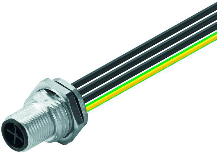 Zylinderförmiger Metallstecker mit drei schwarzen und einem gelb-grünen Kabel, geeignet für technische Anwendungen und Anschlüsse.