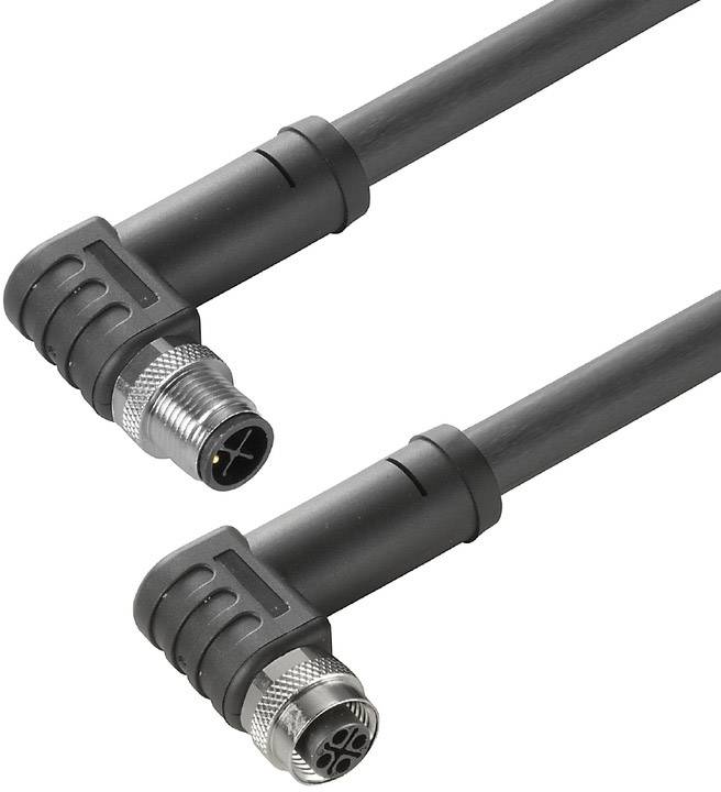Zwei schwarzgraue Winkelstecker-Kabel mit metallischen Enden, geeignet für industrielle Verbindungen.