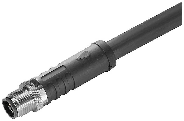 Ein schwarzes, zylindrisches Kabel mit einem silbernen Metallstecker, typisch für industrielle oder elektronische Verbindungen.