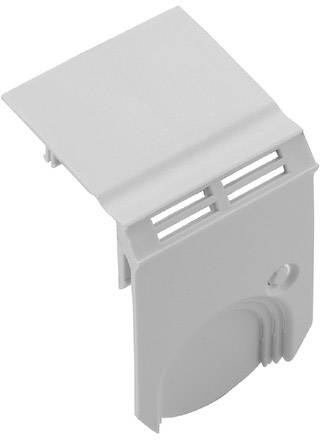 Graues Kunststoffteil mit rechteckigem Oberteil und abgerundetem, reliefartigem Muster darunter; möglicherweise ein Gehäuse- oder Verkleidungsteil.