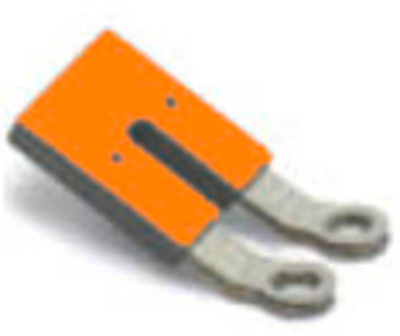 Ein orangefarbenes, rechteckiges Metallobjekt mit zwei gebogenen, silbernen Enden an der Unterseite.