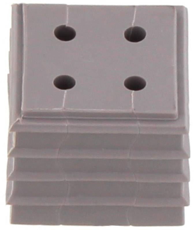 Graues gummiartiges Objekt mit vier runden Löchern auf der Oberseite und gestapelten, eingefallenen Seitenflächen.