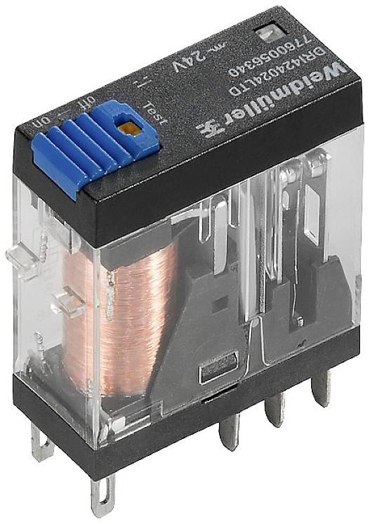 Ein elektromagnetisches Relais von Weidmüller mit 24V, durchsichtigem Gehäuse und Kupferspule, geeignet zur Steuerung elektrischer Schaltkreise.