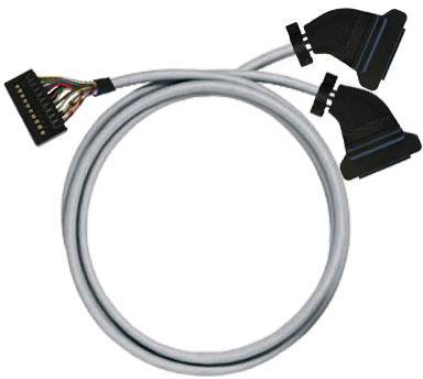 Ein graues Flachbandkabel mit mehreren farbigen Adern und schwarzen Steckverbindern an beiden Enden, geeignet für Computeranschlüsse.