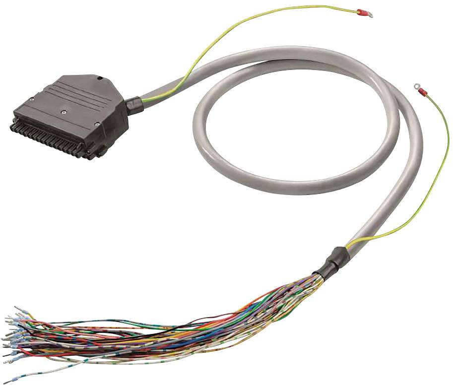 Ein graues Kabel mit einem rechteckigen Stecker auf der einen Seite und bunten, offenen Drahtenden auf der anderen Seite.