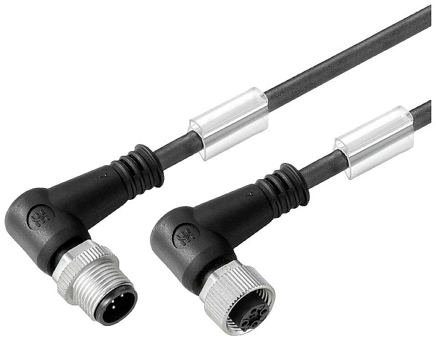 Zwei schwarze, abgewinkelte elektrische Stecker mit silbernen Metallringen, die jeweils an einem Kabel befestigt sind.