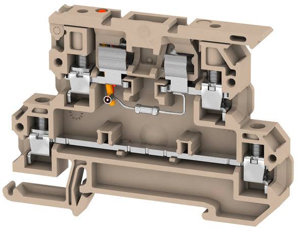 Industrieklemme aus Kunststoff mit sichtbarem inneren Mechanismus und Schraubverbindungen, benutzt für elektrische Verdrahtung.
