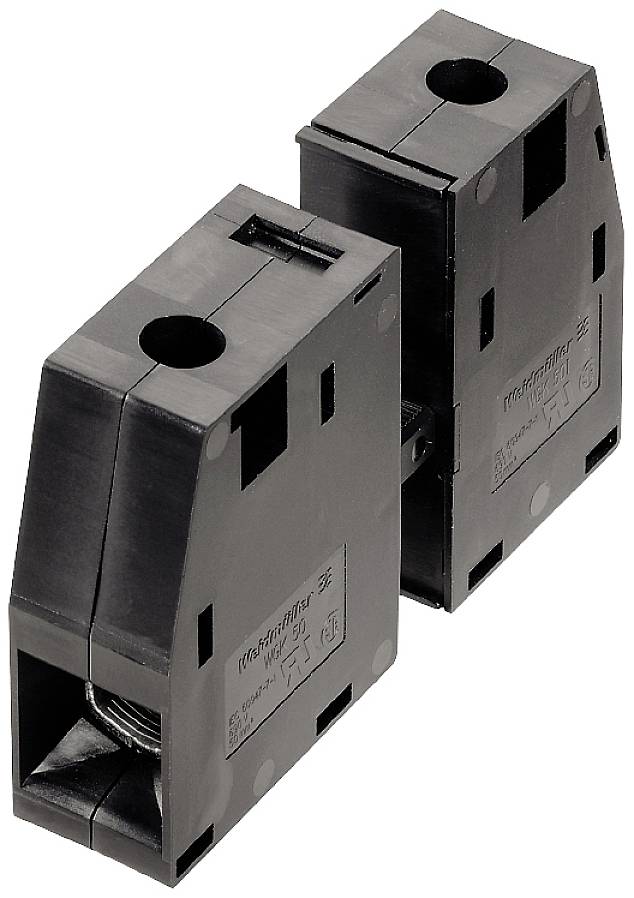 Zwei schwarze, rechteckige Kunststoff-Teile mit Löchern und schrägen Kanten, die Teil eines elektrischen Verbindungssystems sein könnten.