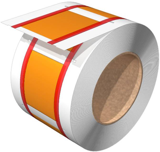Eine Rolle Etiketten mit orangem Hintergrund und rotem Rahmen. Die Etiketten sind auf einem Band und teilweise abgerollt.