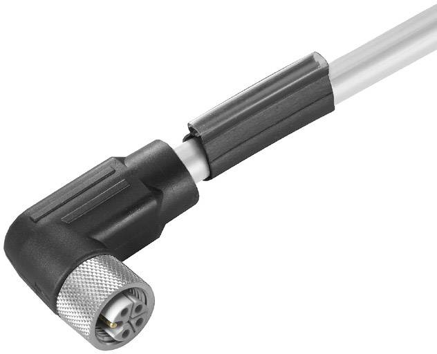 Abgewinkelter schwarzer Steckverbinder mit silberner Ummantelung und Kabel, möglicherweise für elektrische Verbindungen verwendet.