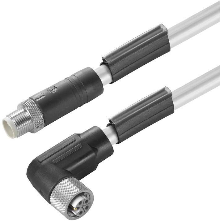 Zwei industrielle Steckverbinder mit Kabeln, ein gerader und ein gewinkelter Anschluss, beide schwarz und metallisch.