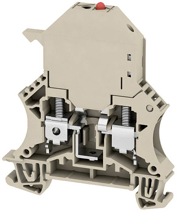Elektrische Klemmschelle in grauem Gehäuse mit zwei Schraubanschlüssen, zum Verbinden von Kabeln in elektrischen Schaltschränken.