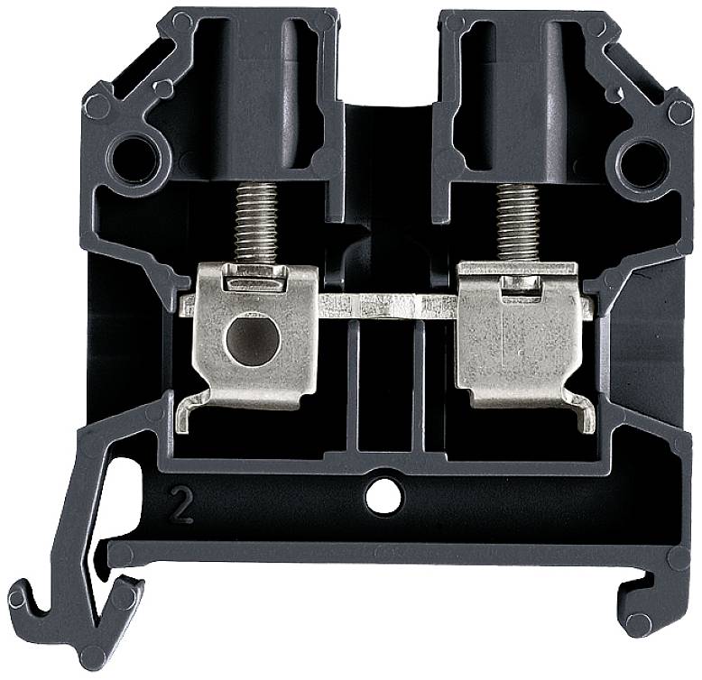 Schwarzer elektrischer Klemmenblock mit zwei vertikalen Metallschrauben zur Verbindung von Drähten, präsentiert auf neutralem Hintergrund.