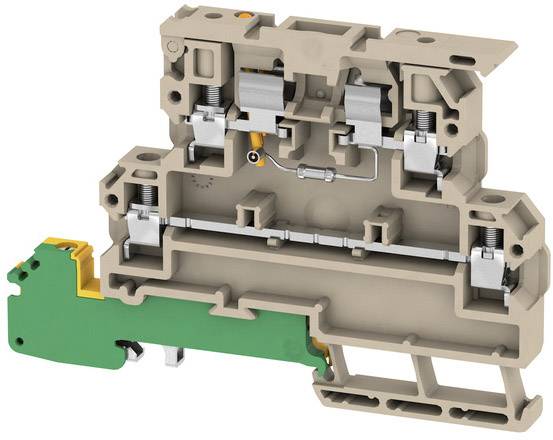 Elektrische Reihenklemme in beige mit grüner und gelber Markierung, zeigt Details des inneren Leitungsanschlusses und der Struktur.