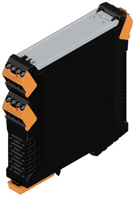 Schwarzes und oranges elektronisches Gerät mit mehreren Anschlüssen. Möglicherweise industrieller Einsatz. Kompaktes Design.