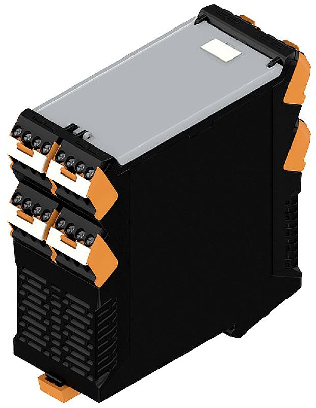 Schwarzes elektronisches Gerät mit mehreren Anschlüssen und orangefarbenen Akzenten, möglicherweise ein Industrie- oder Steuerungsmodul.