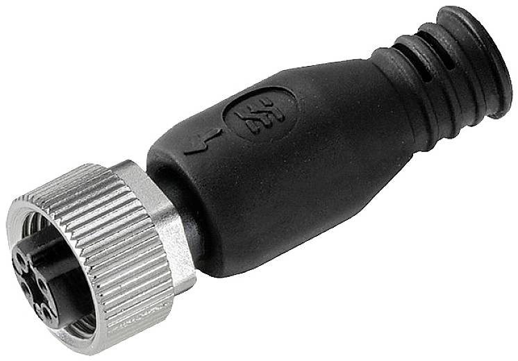 Ein schwarzer, runder Steckverbinder mit Metallgewinde und Gummiisolierung. Ideal für elektrische Anschlüsse in Maschinen.