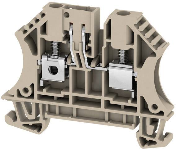 Hellebraune zweistufige Reihenklemme für elektrische Verbindung mit zwei Metallkontakten und Schrauben zur Befestigung der Kabel.