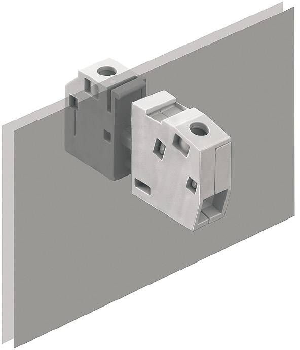 Ein graues, L-förmiges Bauteil ist an einer vertikalen Platte befestigt. Es scheint ein mechanisches oder elektronisches Verbindungselement zu sein.