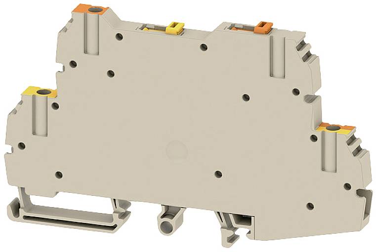 Isoliertrennklemme in grauem Gehäuse mit gelb-orangen Push-in-Klemmen. Sie dient der elektrischen Verbindung von Leitern in Schaltschränken.