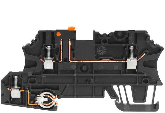 Schwarze elektrische Klemme mit zwei Federanschlüssen und Kupferleitungen. Geeignet zum Verbinden von Drähten in Schaltschränken.