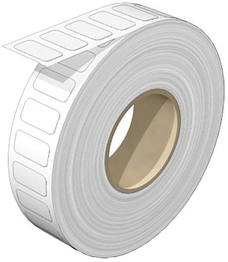 Rolle mit Etiketten, die teilweise abgezogen sind, auf einem braunen Pappkern.