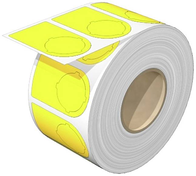 Eine Rolle gelber Aufkleber mit unbedruckten Etiketten.