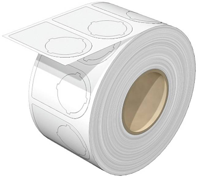 Eine Rolle weißer Etiketten mit vorgestanzten, runden Formen, geeignet zum Bedrucken oder Beschriften.