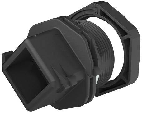 Schwarze Kunststoff-Verschraubung mit hexagonalem Mutterkopf und geriffeltem Gewinde. Verbindet elektrische Kabel sicher in Geräten.