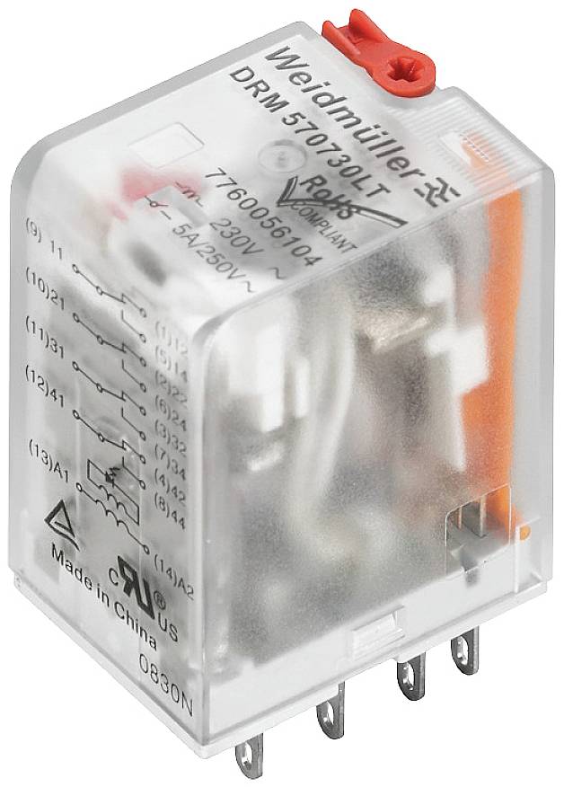 Ein transparentes Weidmüller-Relais mit Aufdruck 'DRM570730LT', zeigt elektrische Spezifikationen und Pins für Steckverbindungen.