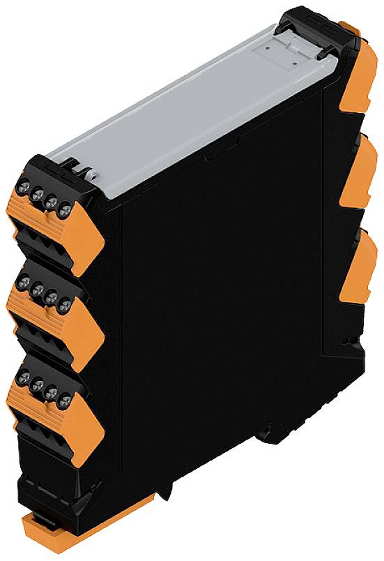 Schmales, schwarzes elektrisches Bauteil mit orangefarbenen Seitenelementen, möglicherweise ein Interface-Modul für industrielle Anwendungen.