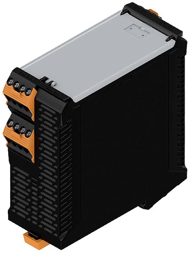 Ein schwarzes, rechteckiges elektronisches Gerät mit orangefarbenen Details, wahrscheinlich ein Teil eines industriellen Steuerungssystems.