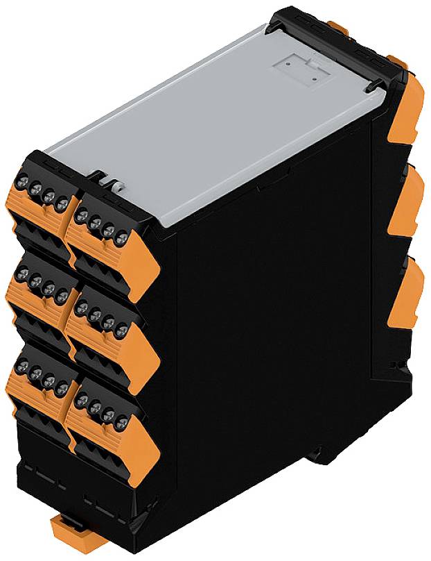 Ein schwarzes elektronisches Modul mit orangenen Steckverbindungen und mehreren Anschlussklemmen für industrielle Anwendungen.