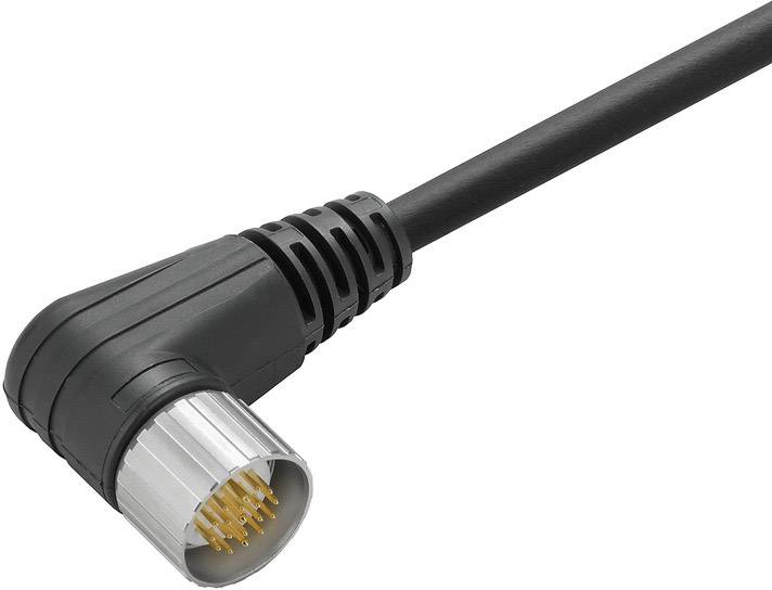 Nahaufnahme eines schwarzen, rechtwinkligen Steckers mit mehreren goldfarbenen Kontakten, der an einem Kabel befestigt ist.