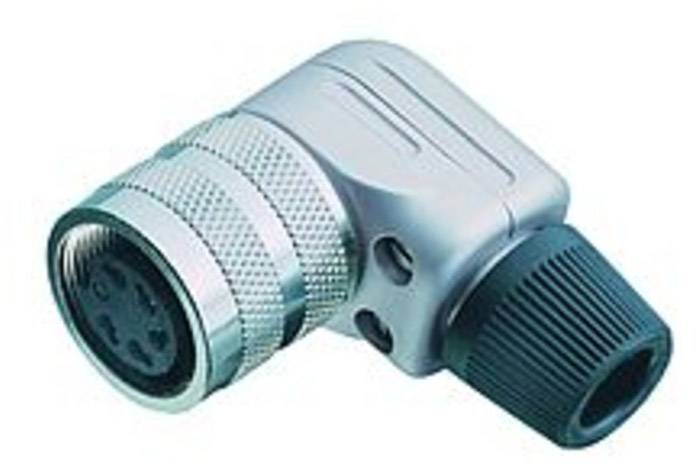 Ein silberner, rechtwinkliger Metallstecker mit geriffeltem Griff und schwarzem Anschlussende, geeignet für elektrische Verbindungen.