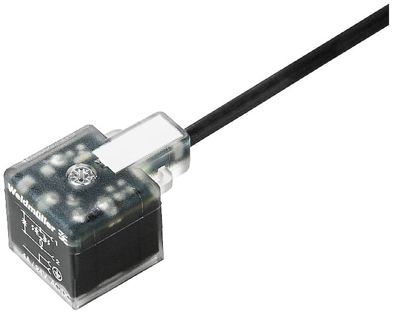 Ein elektronisches Bauteil mit Kabel, wahrscheinlich ein Sensor oder Schalter, der Stromfluss oder -signale steuert. Mit 'Weidmüller' beschriftet.